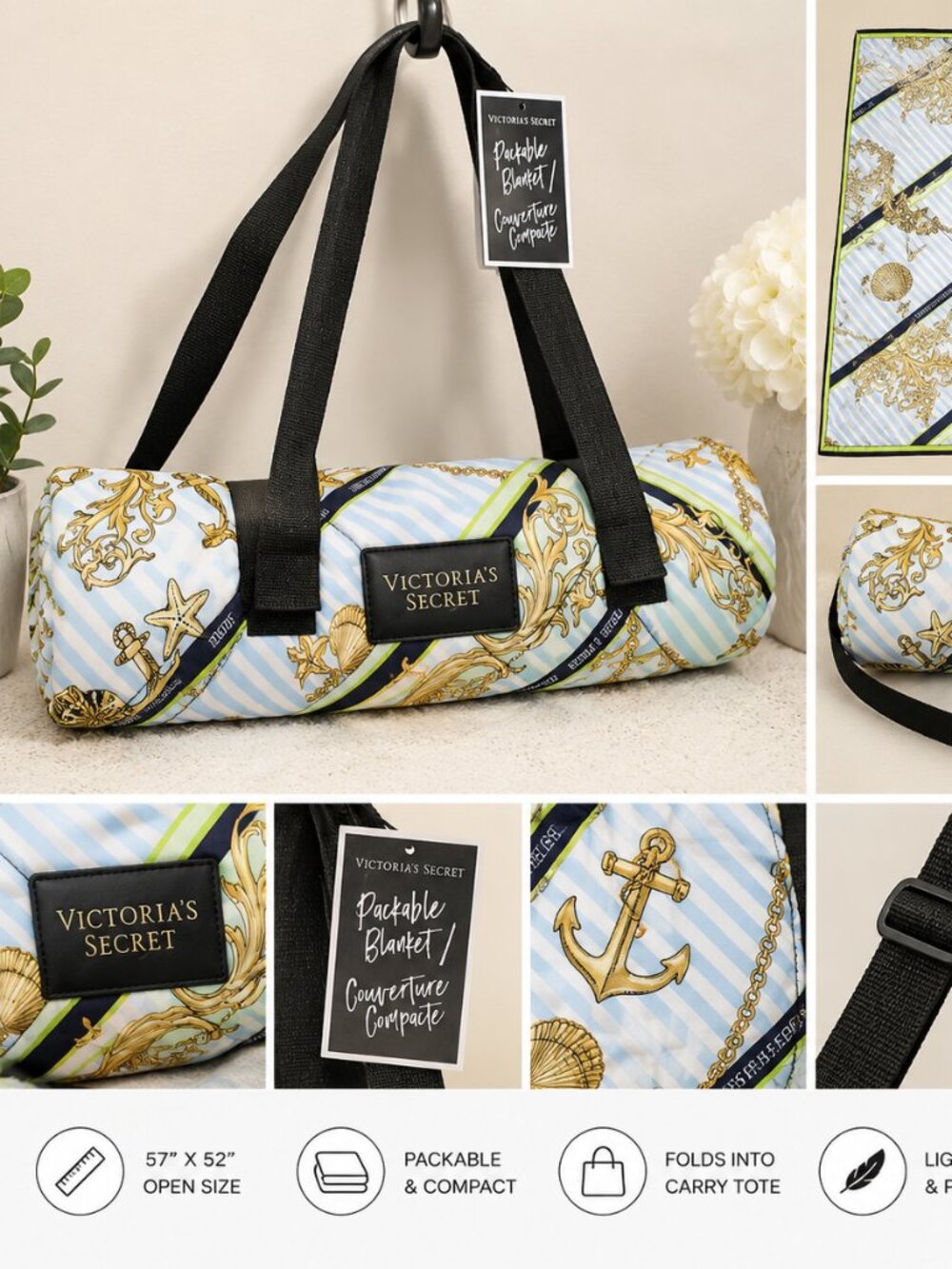 Victoria's Secret Packable Beach Blanket Tote Anchor Print NWT 57x52